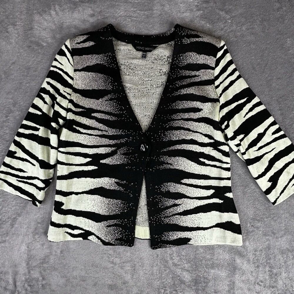Ming‎ Wang Cardigan Petite X-Small PXS Black Cream Zebra Animal Print 3/4 Sleeve